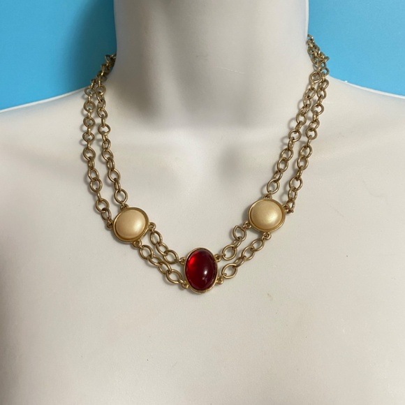Faux Pearl & Red Cabachon Toggle Clasp Gold Chain Double Strand Necklace - Picture 3 of 6